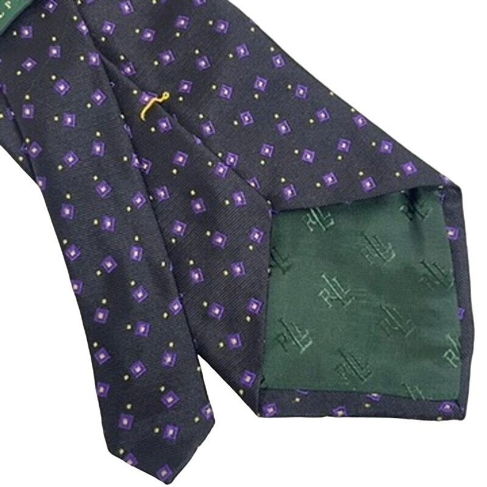 Lauren Ralph Lauren Necktie Silk Black Purple Squares Print Hand Finished - Picture 3 of 5
